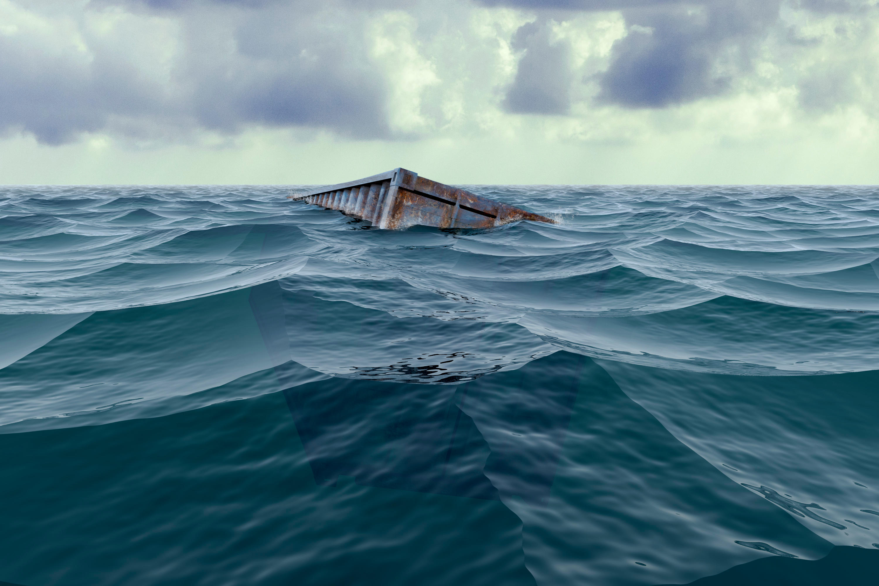 EBGAMA A 40 foot shipping container floating at sea just below the surface