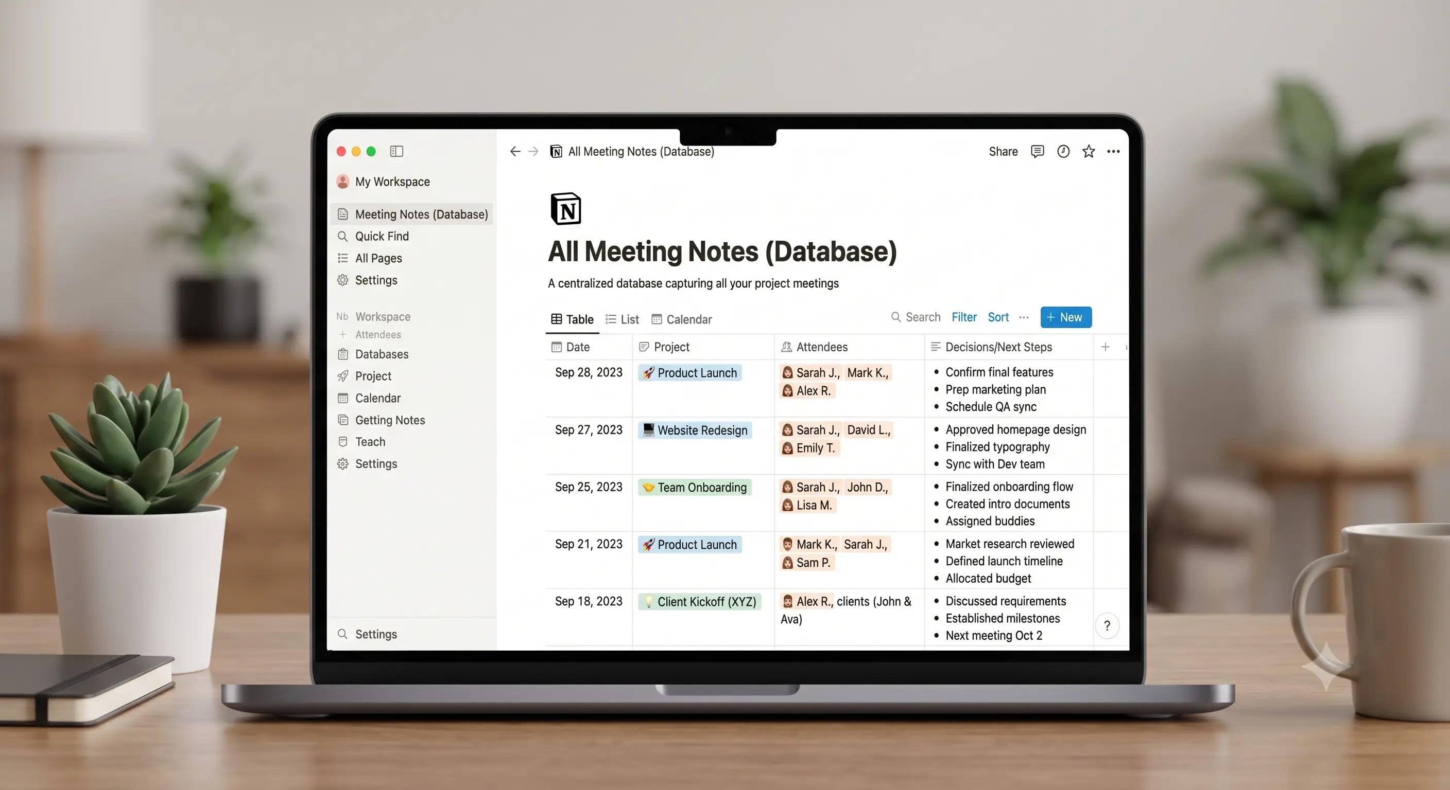 Notion Meetings Database Screenshot