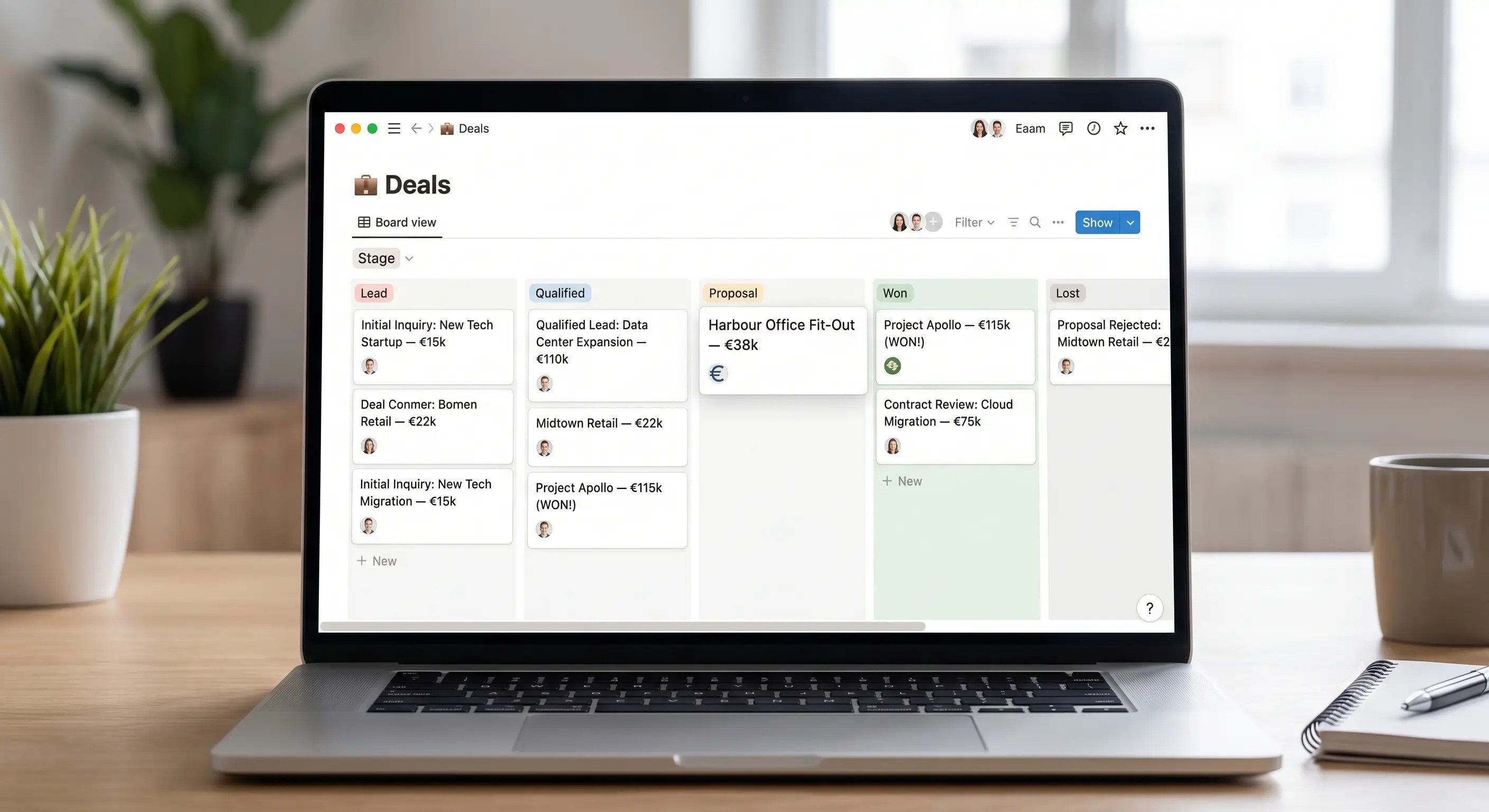 Deals database board view mockup