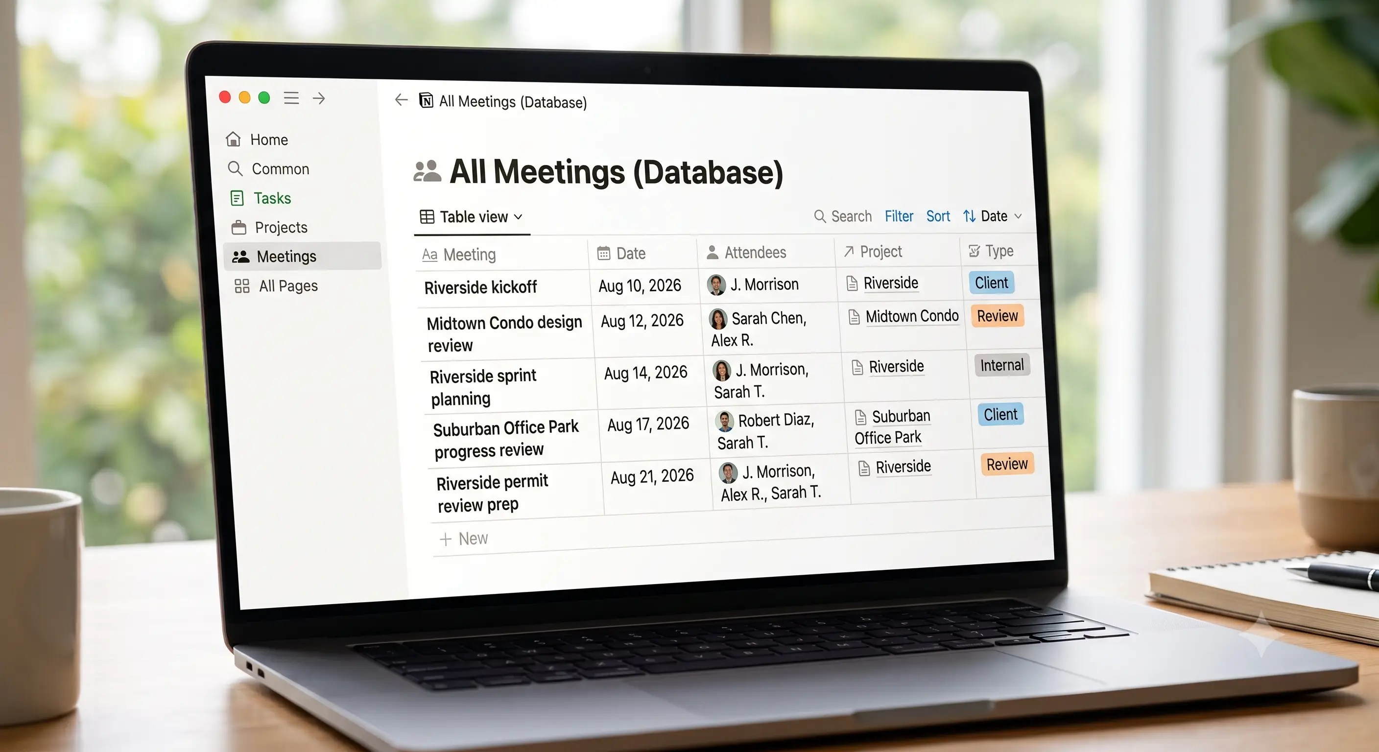 Meetings database table view