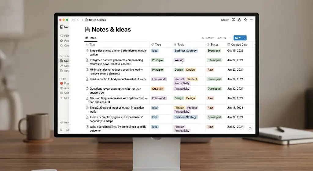 Notes and ideas database mockup