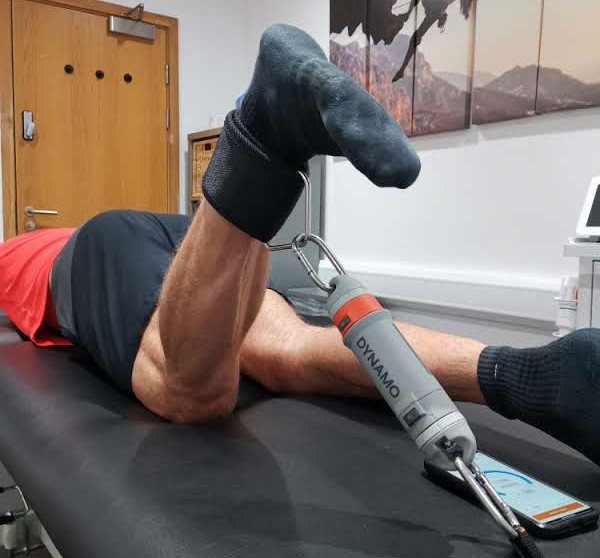 Clinician performing hamstring dynamometry strength testing at Nottingham Physio