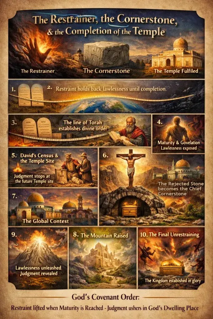 Image depicting The Restrainer, the Cornerstone, and the Completion of the Temple, from creation to the revealing of the sons of God