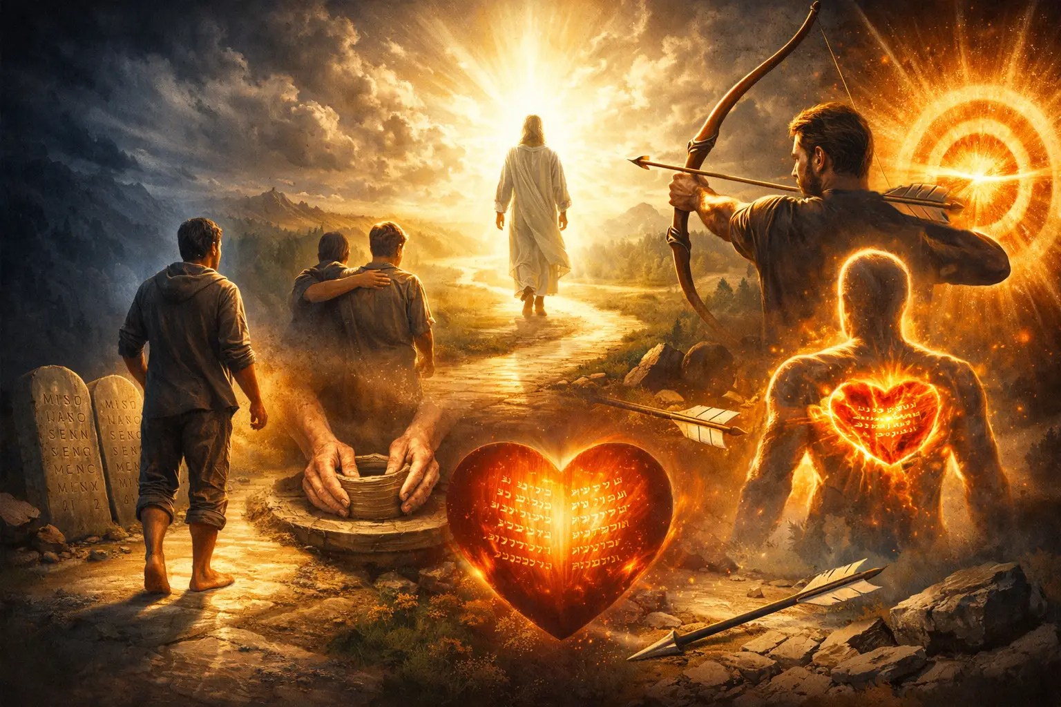 Yeshua walking toward the light, an archer aiming his arrow, a potter molding the clay, men following Yeshua