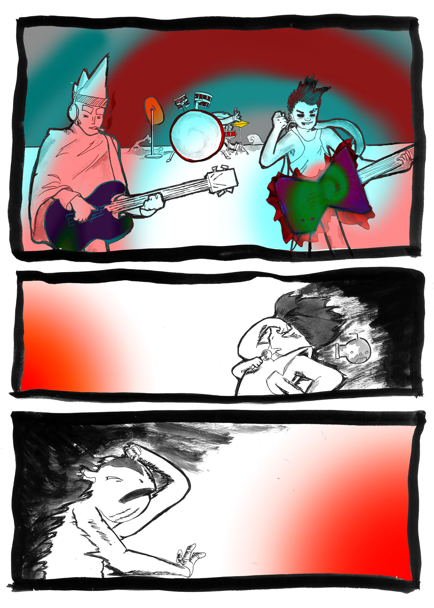A spiral of brightly colored sound springs from Zander's guitar while Will and RB continue playing. Lila and Yaru both shield their eyes from the blast.