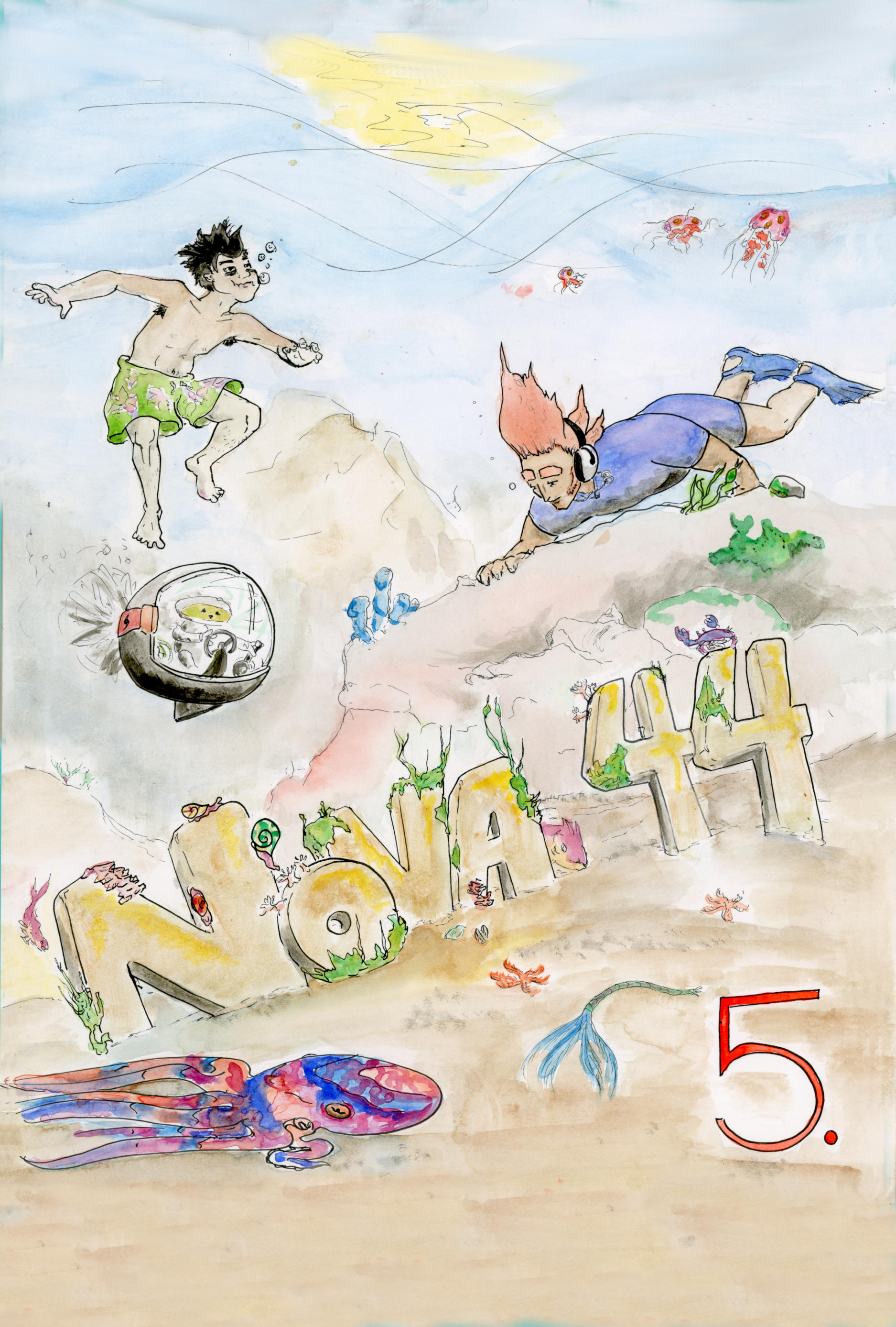 An underwater scene. Will is diving, wearing a wet suit and flippers, while Zander appears to be floating and holding his breath. RB is in a small globular submarine. The words Nova 44 are lodged in the sand, with various marine organisms living on them.