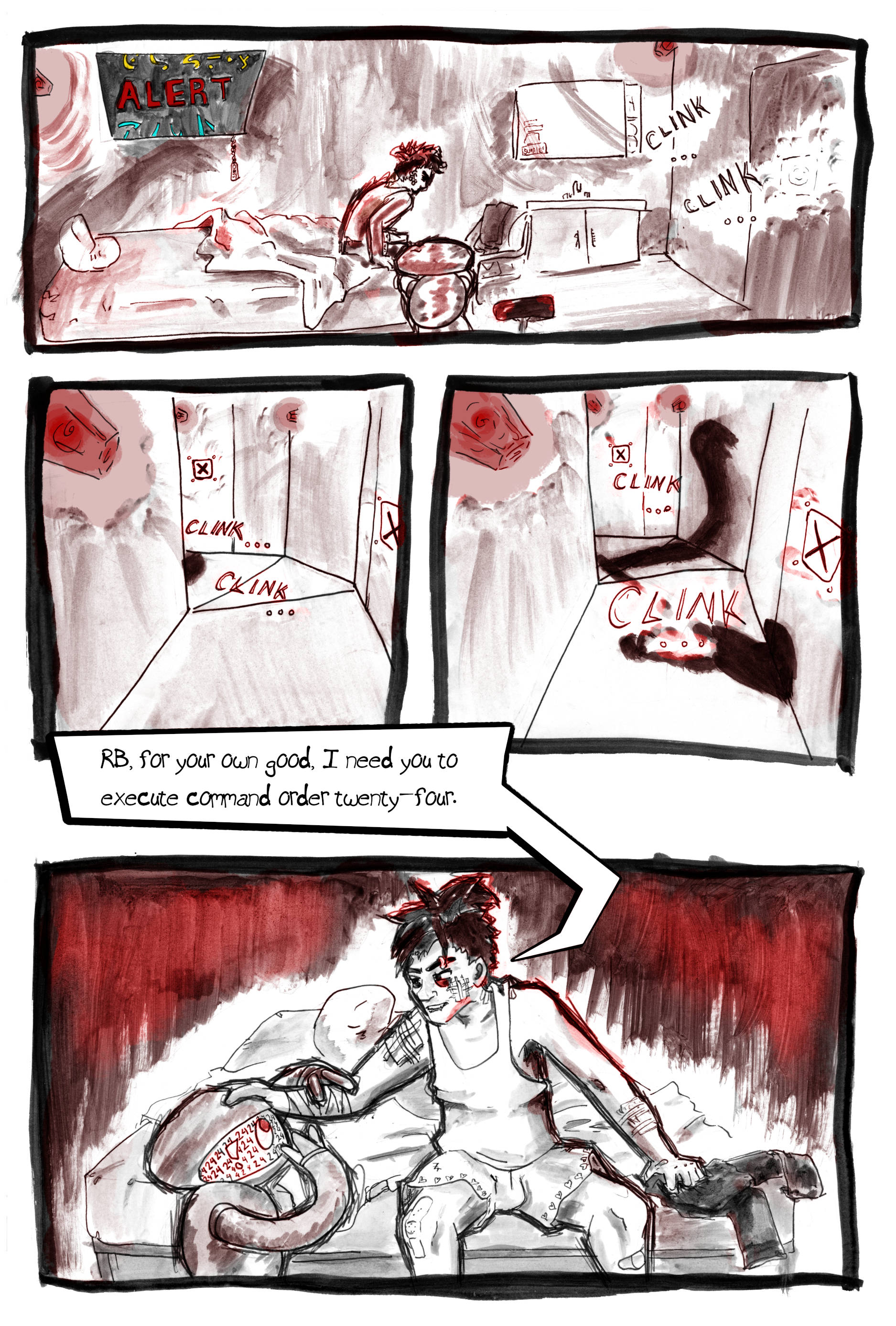 Zander and RB are tense and quiet in the infirmary room as they listen to a sound coming down the hall. A shadow appears in the hall. Everything is red because of the alarm lights. 