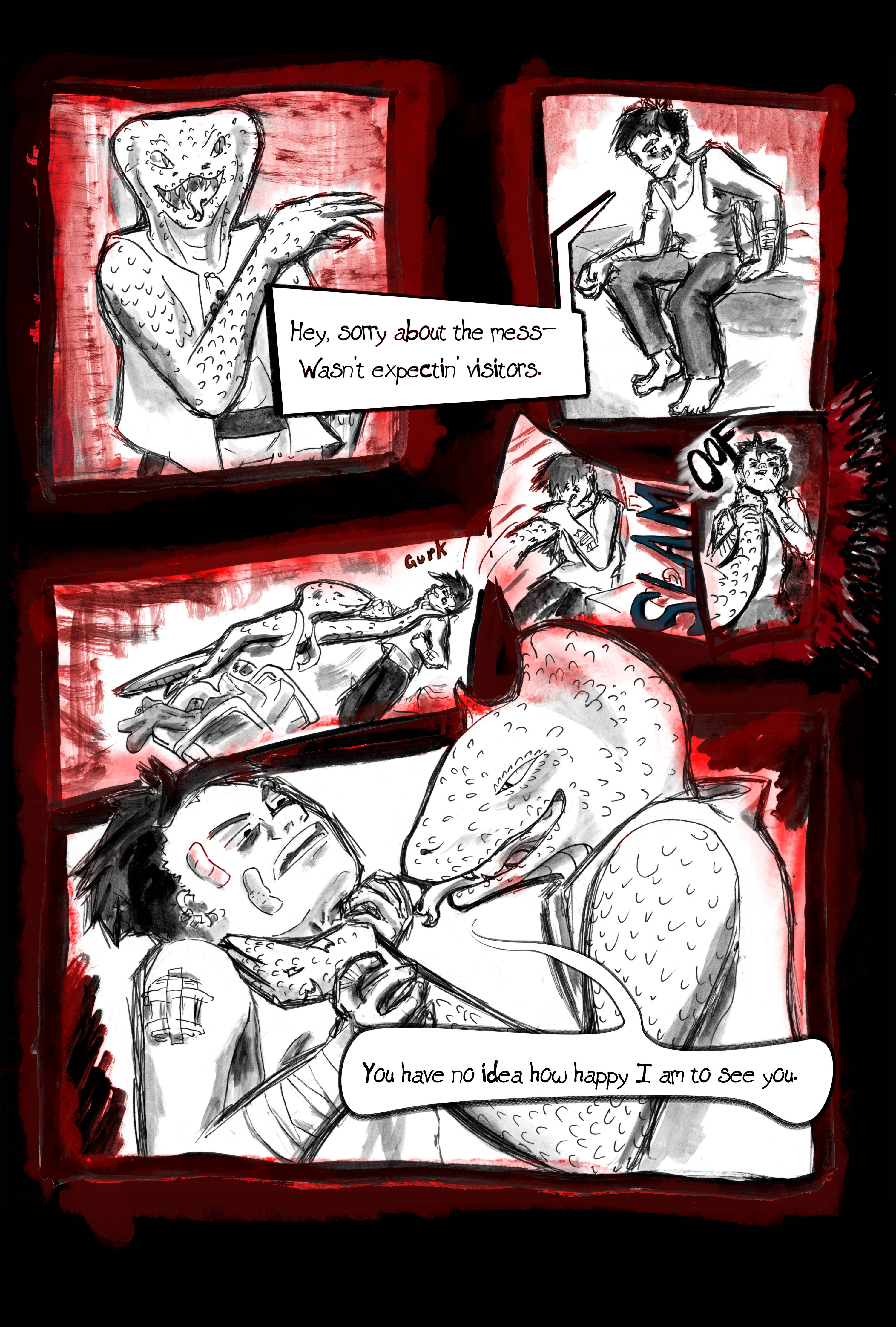 Coby, a scaly lizard man, attacks Zander, pinning him to a wall by the throat.