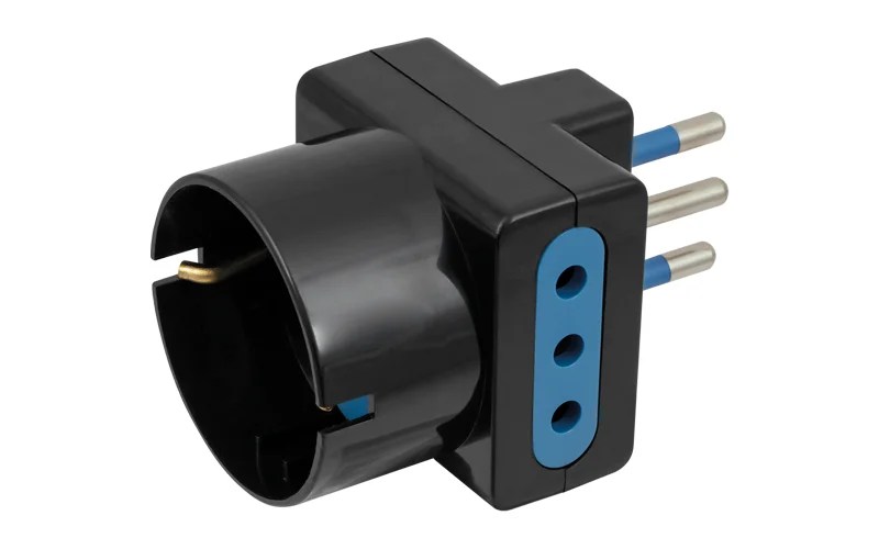Adattatore 2 prese 10 A + T + 1 presa Schuko - Spina 10 A + T - Nero - in Carton Box