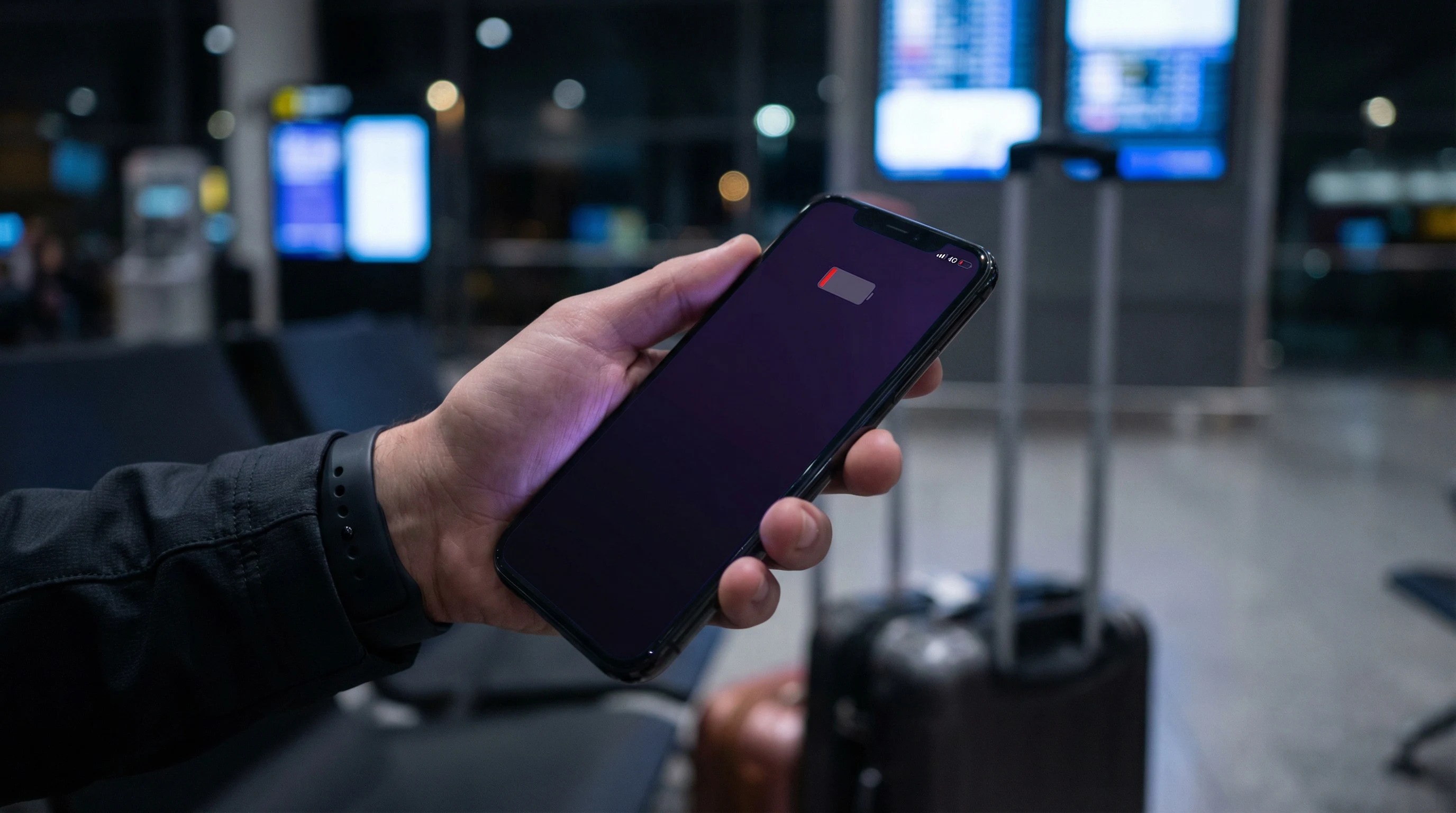 Traveler checking smartphone battery while using eSIM mobile data abroad