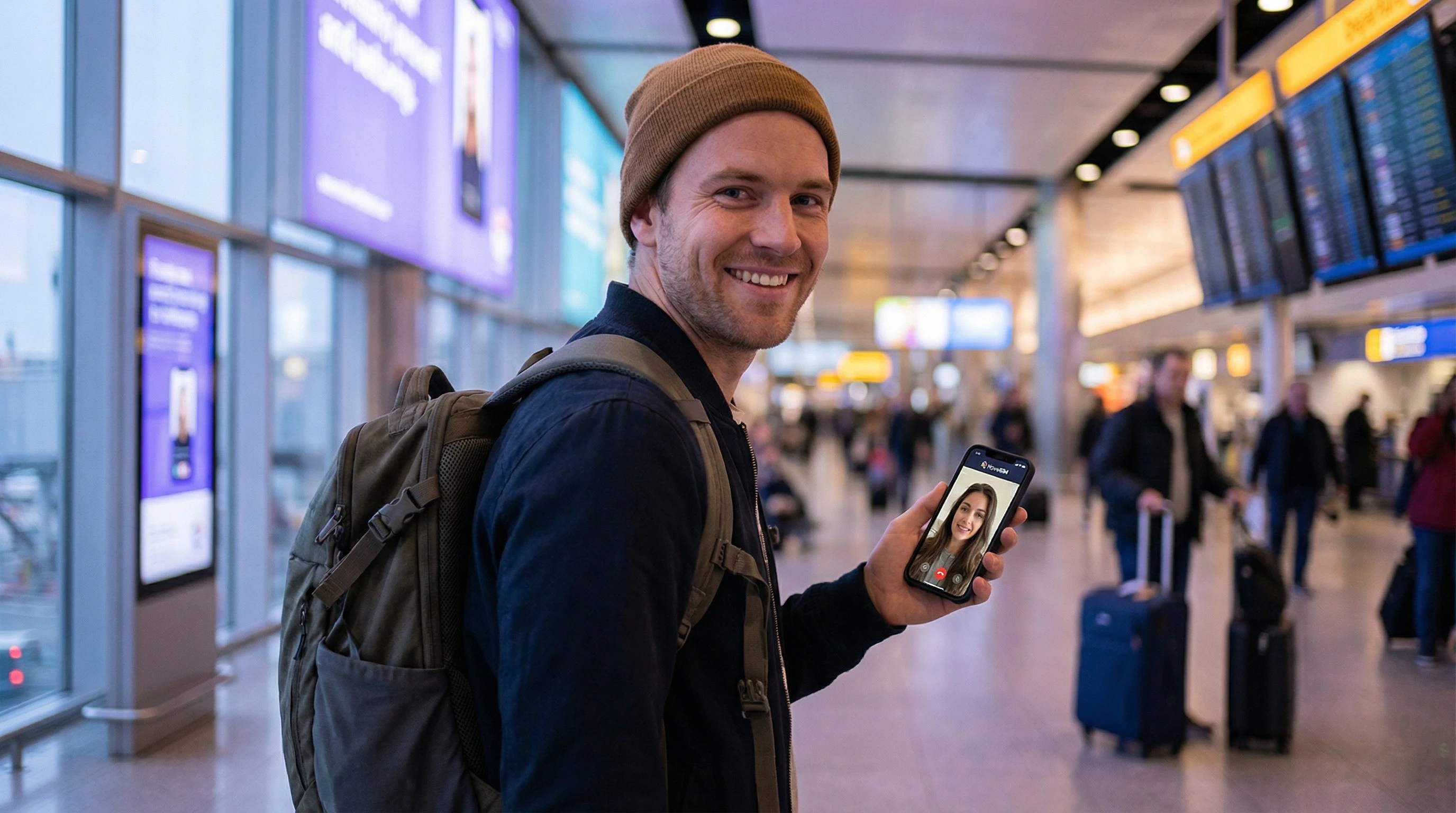Traveler using WhatsApp call on smartphone with eSIM data abroad