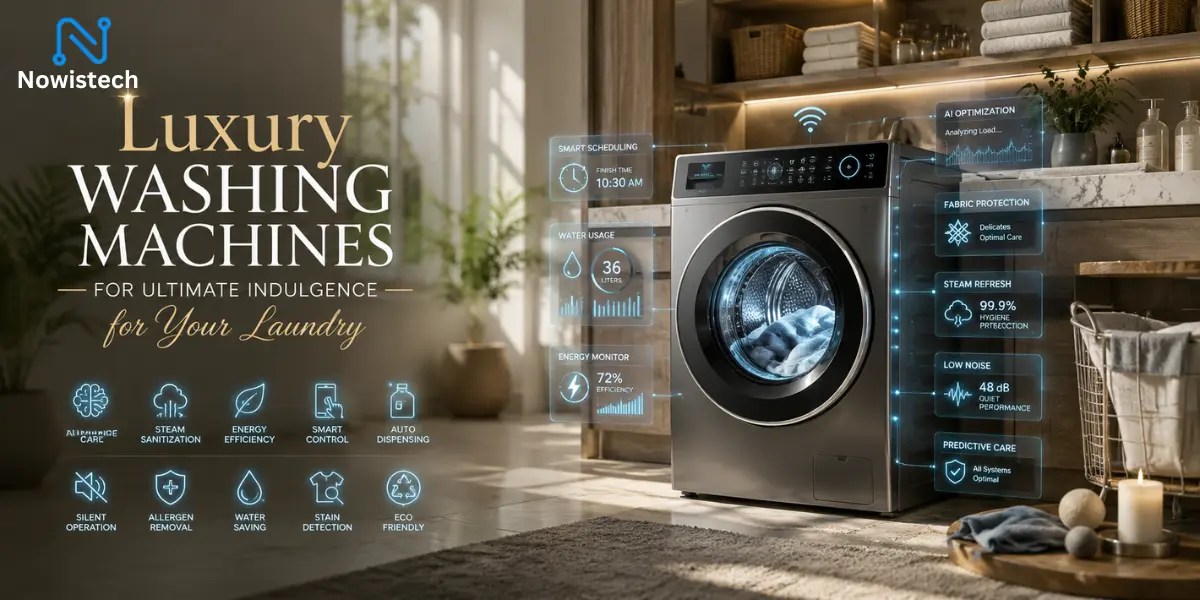 Luxury washing machine in a modern designer laundry room with smart AI controls, premium storage, marble countertops, elegant décor, and a high-end organized home interior.