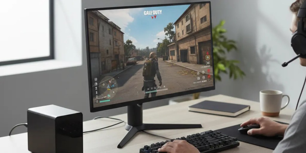 Mini PC setup on a sleek modern desk with a compact computer, monitor, keyboard, and accessories, representing efficient computing and workspace optimization