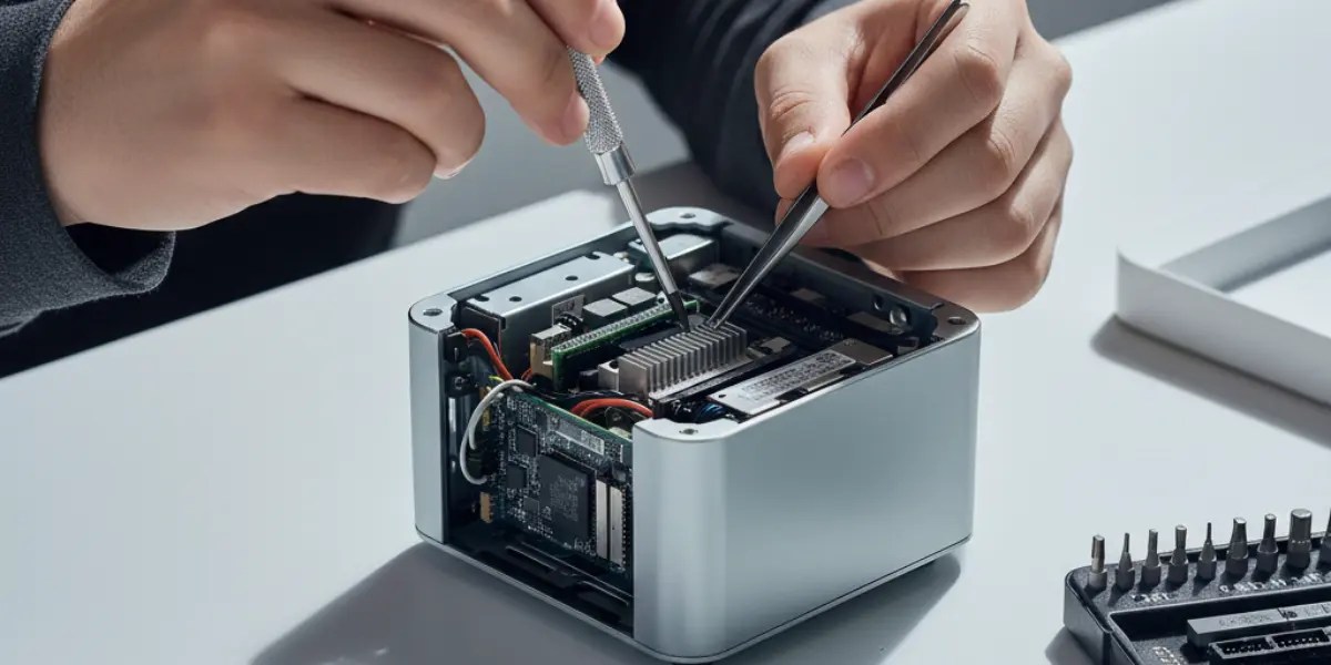Close-up of a person performing Mini PC troubleshooting on a modern desk, using precision tools to repair internal hardware components.