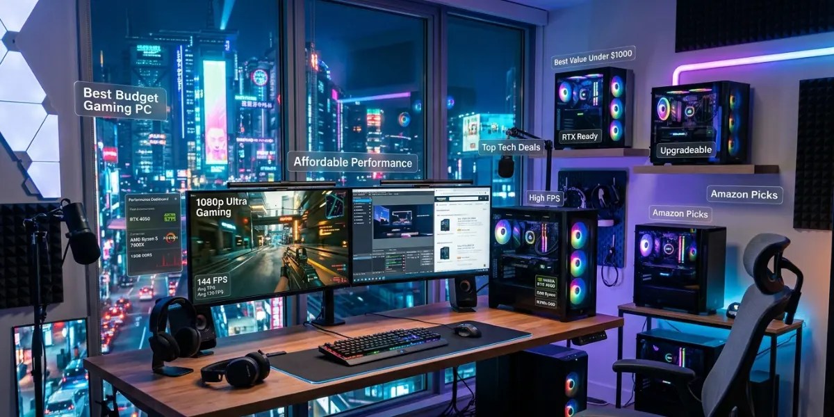Affordable RGB gaming computer setup with RTX graphics, dual monitors, and modern esports workspace showcasing cheap gaming computers with high performance in 2027.