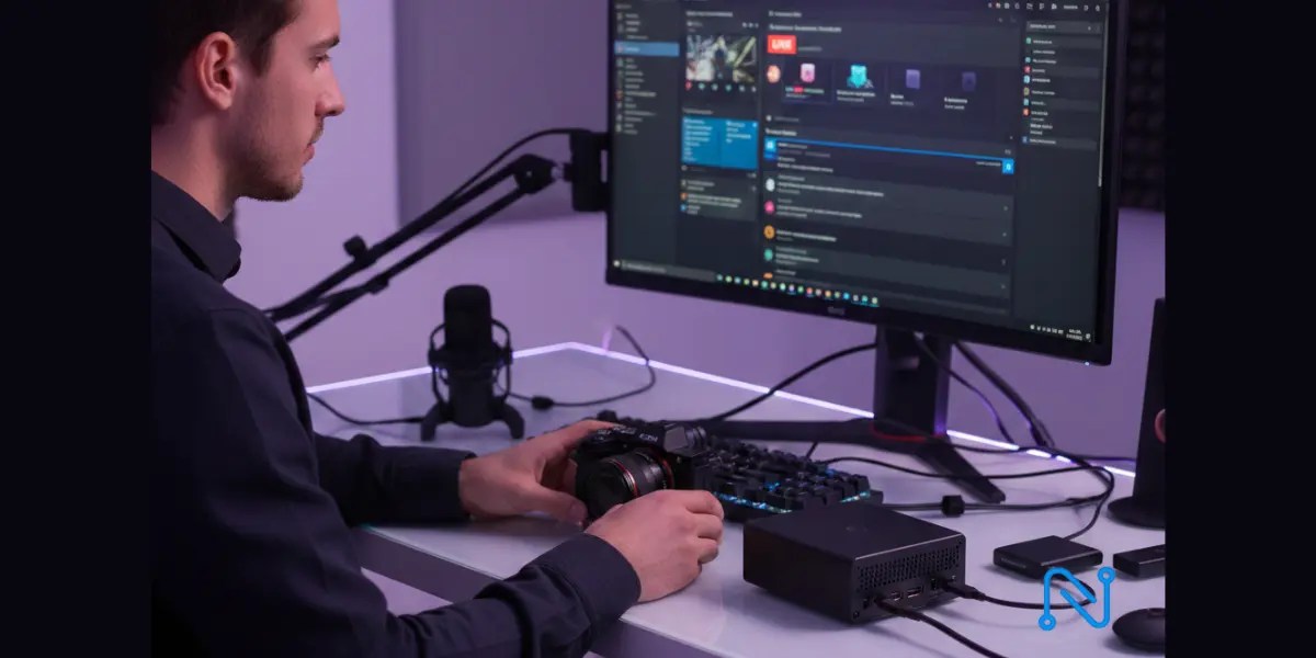 Portable mini PC used for live streaming setup with camera, microphone, and streaming software dashboard on monitor.