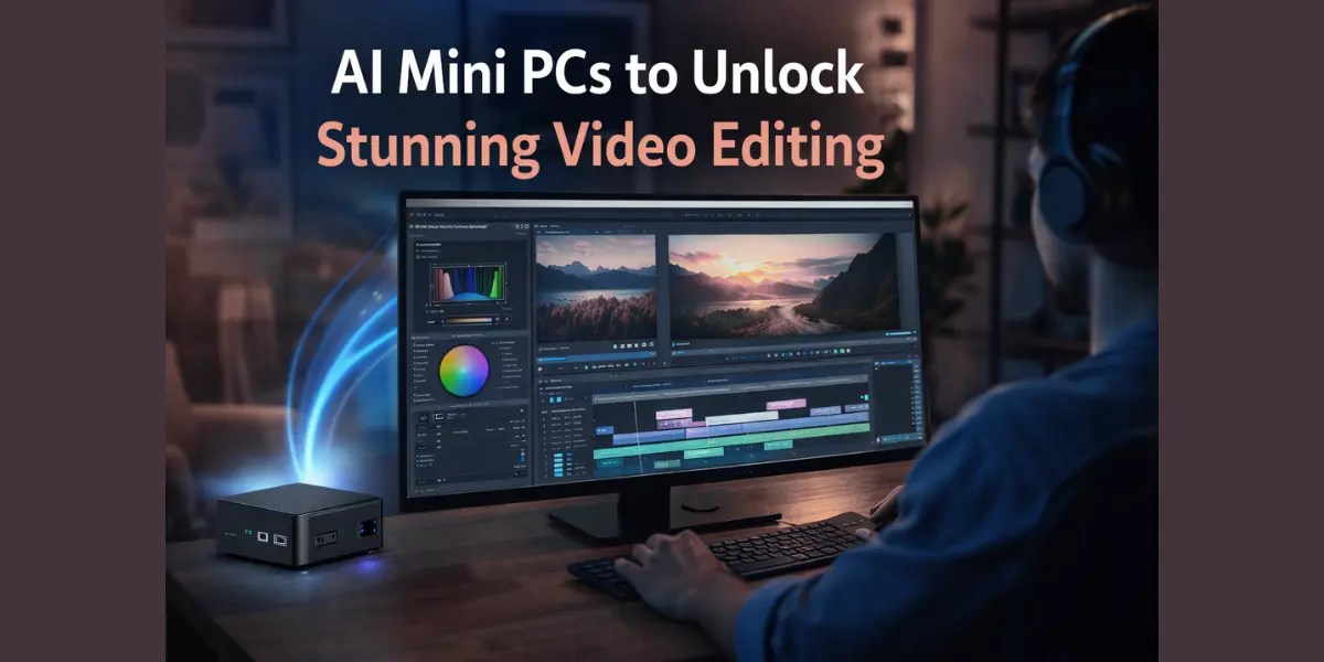 AI Mini PCs powering stunning 4K video editing setup on a modern workstation with dual monitors and creative software