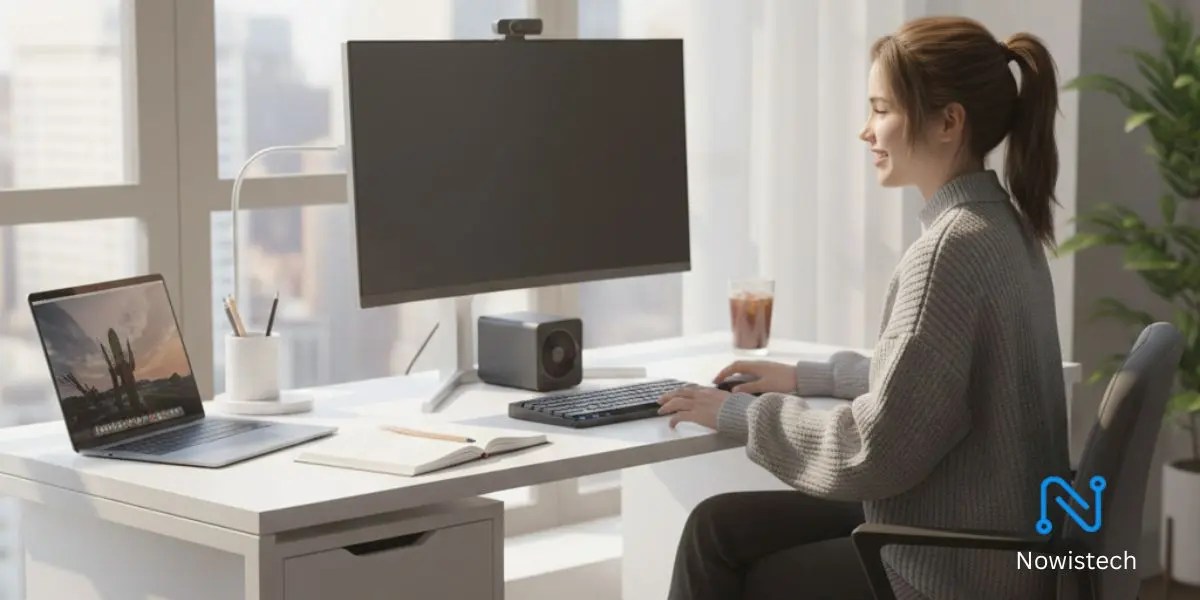 A female student using a Beelink mini PC with a portable monitor and laptop at a white modern desk in a bright, sunlit room.
