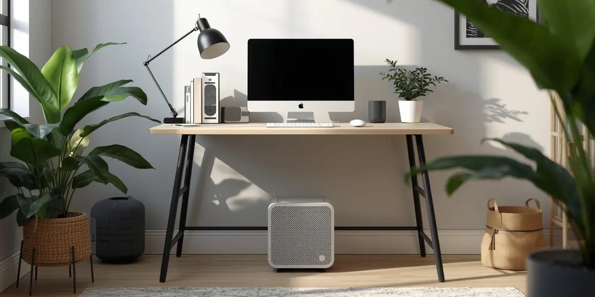 Fanless Mini PCs in a modern office workspace showing silent, compact computers connected to dual monitors for quiet and efficient professional productivity