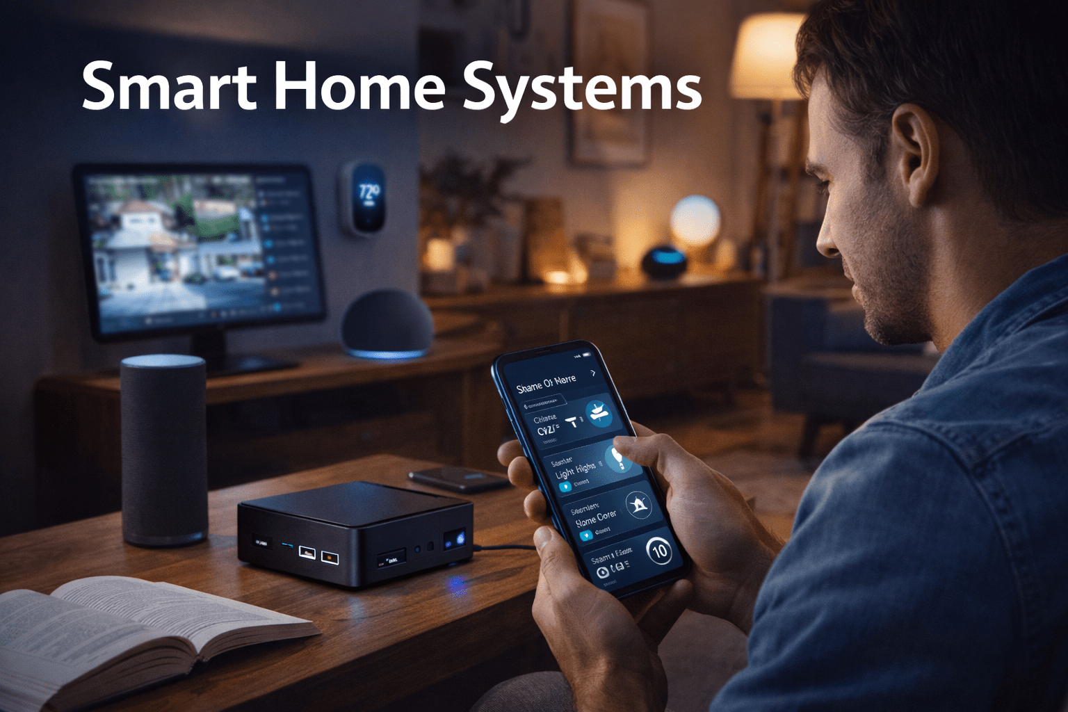 Person using smart home systems to control lighting, climate, and security through a mobile app in a modern connected home