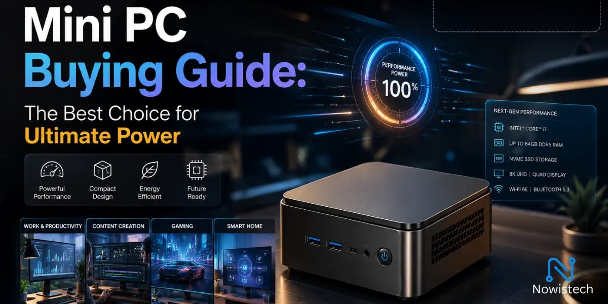 Mini PC Buying Guide featuring a powerful compact computer setup for productivity, gaming, AI, and business performance.