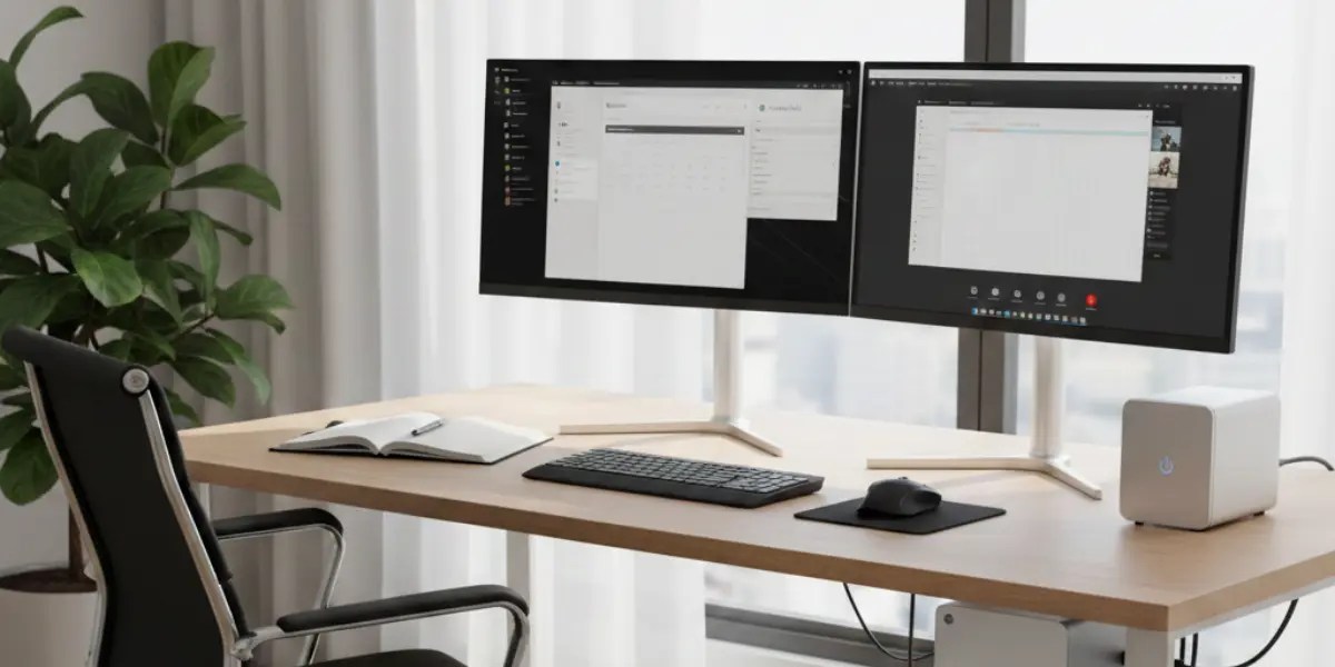 ffice mini PC setup on a modern desk showing a compact computer connected to a monitor, keyboard, and workspace accessories in a professional office environment