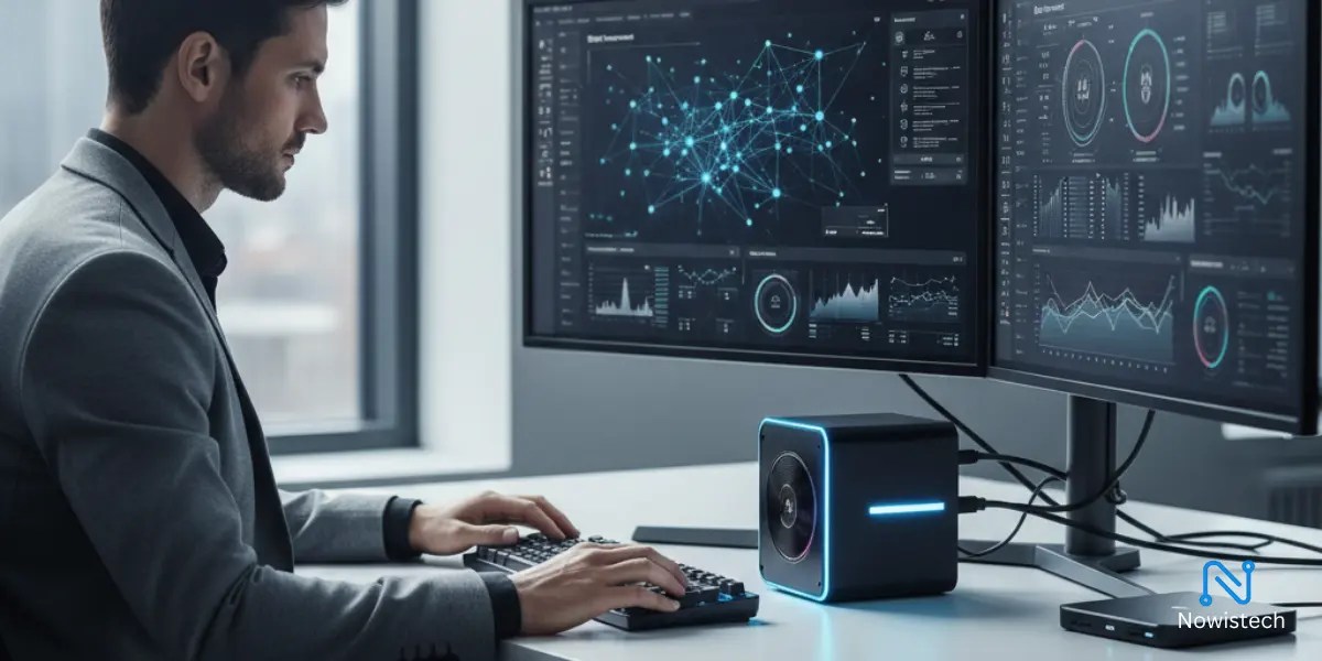 Compact AI-Ready Mini PC running multiple AI workflows on dual 4K monitors in a modern office with professionals coding and analyzing data.
