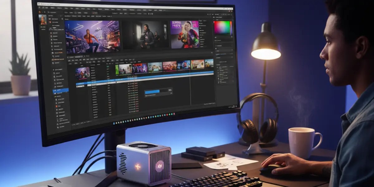 AI Mini PCs for Content Creators editing 4K video: compact Ryzen AI Mini PC powers Premiere Pro timeline on modern creator desk