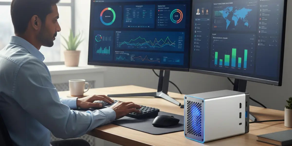 Modern office desk with sleek Business Mini PCs Warranty setup: compact PC powering dual curved monitors, professional working efficiently.