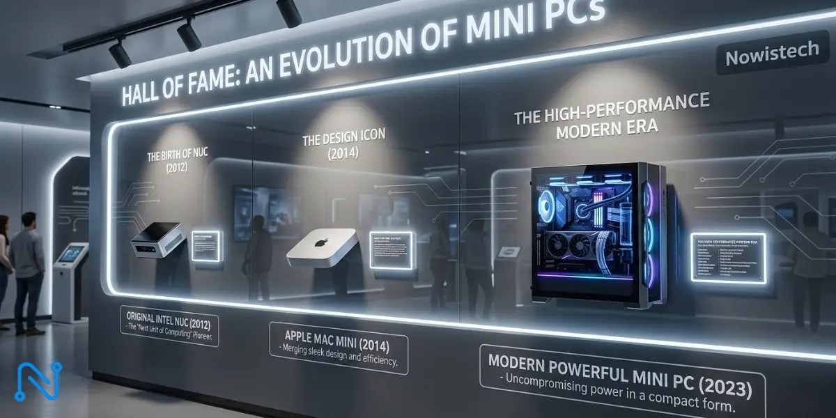 Hall of fame of iconic Mini PCs of All Time with Intel NUC, Mac Mini, modern models, and Nowistech logo