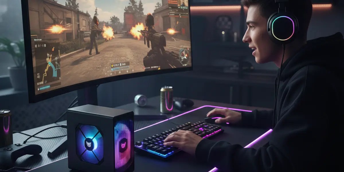Teen gamer dominating Call of Duty on the best mini PCs for gaming: sleek RGB-lit mini PC powers explosive action on modern desk setup.