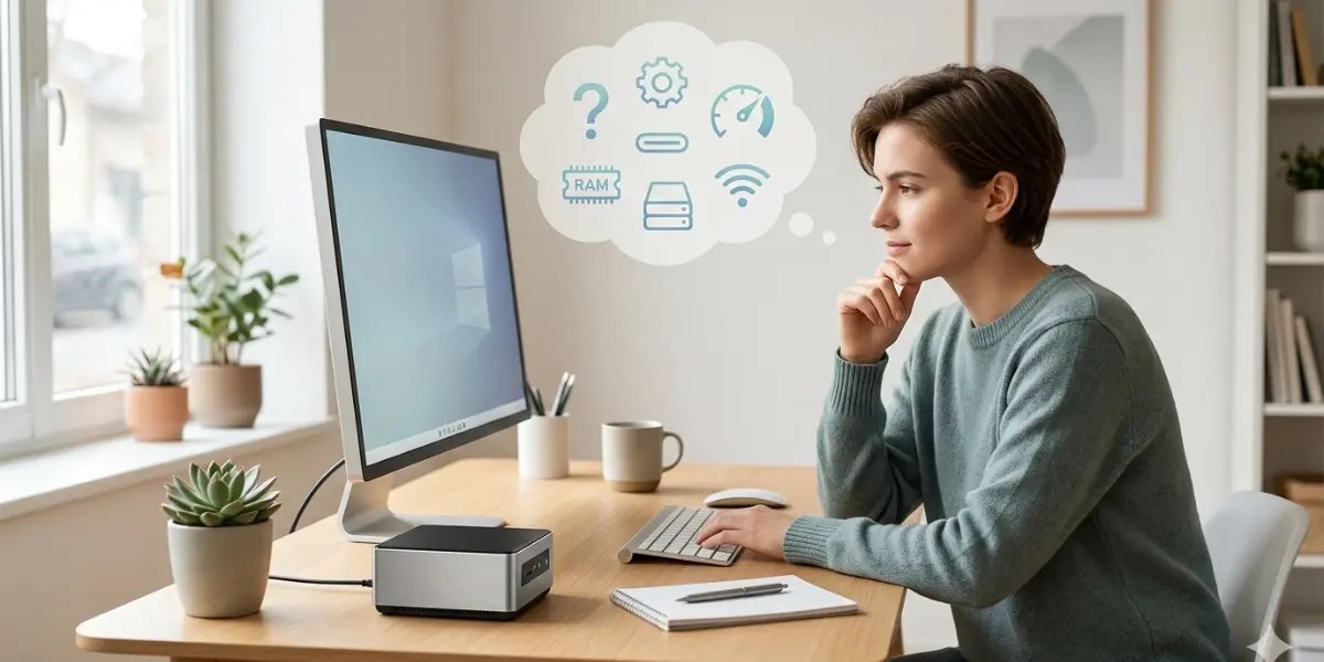 Person sitting at a modern desk looking thoughtfully at a mini PC, with a thought bubble showing FAQ icons like settings, speed, RAM, storage, and Wi-Fi.