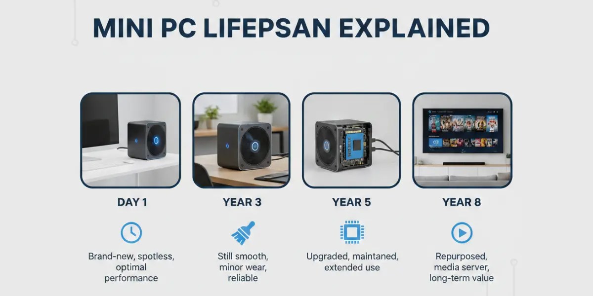 Mini PC Lifespan Explained timeline showing mini PC from Day 1 to Year 8 with upgrades and media server setup.