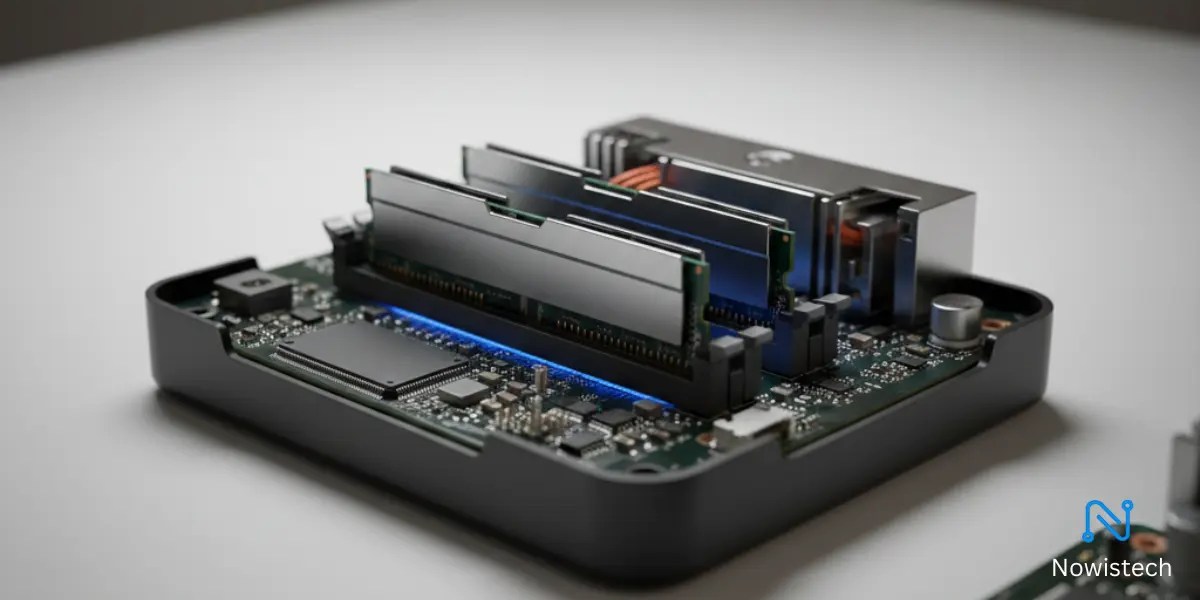 Opened mini PC showing dual SODIMM slots with installed memory modules for the Mini PC RAM Upgrade Guide.