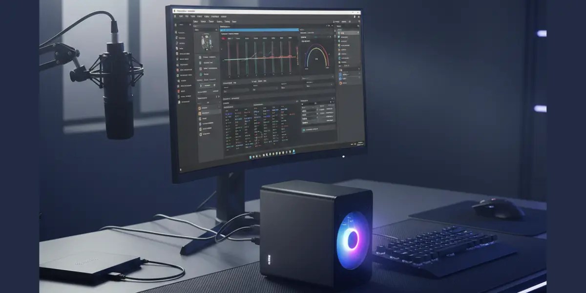 Mini PC for Easy Screen Recording setup with OBS dashboard on monitor, condenser microphone on boom arm, and external capture card on a minimalist streaming desk.