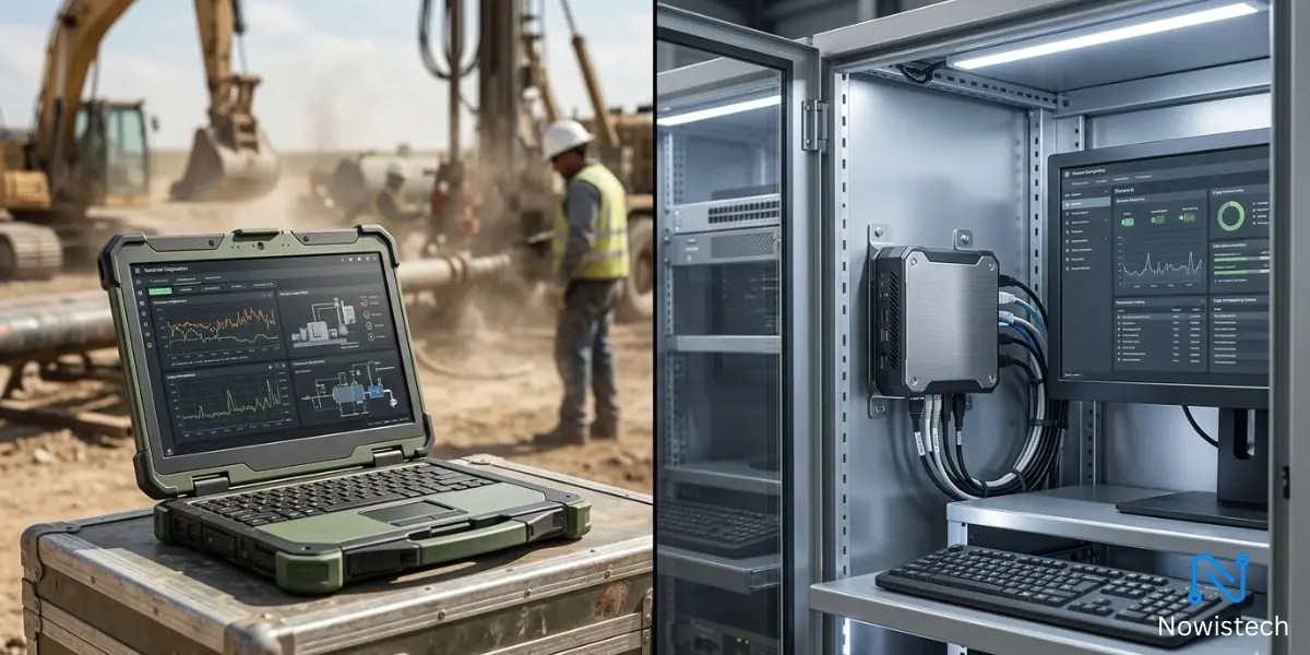 Side-by-side mini PC vs rugged laptop for field work, showing a rugged laptop at a dusty site and a mounted mini PC inside a control case.