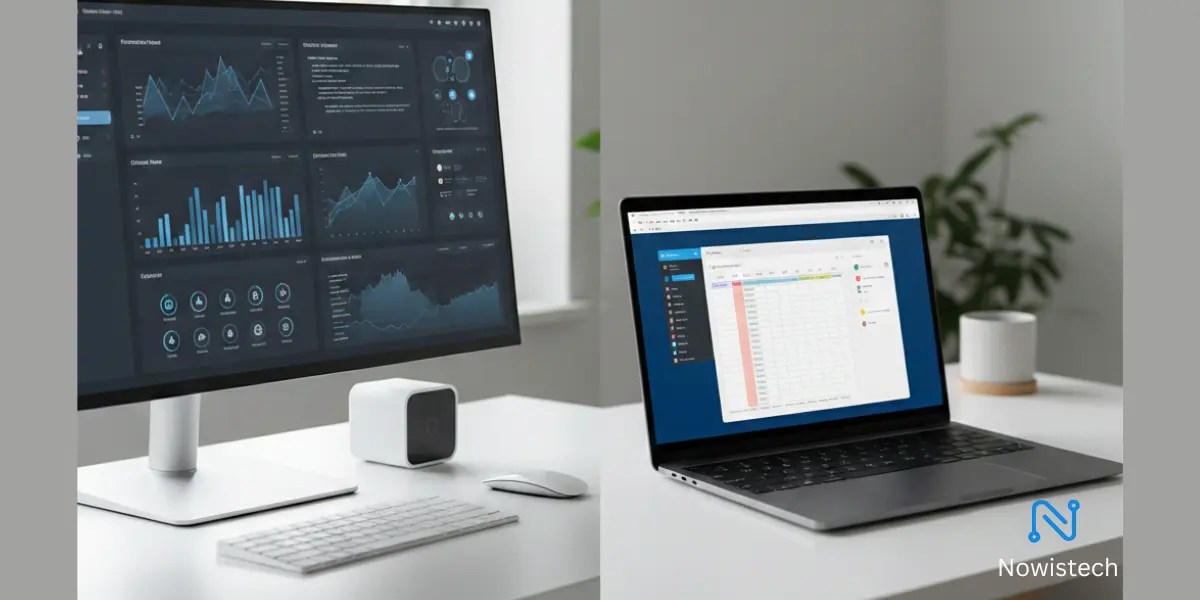 Mini PC vs Laptop for work comparison showing a compact mini PC connected to an external monitor beside a sleek laptop on a modern productivity desk setup.