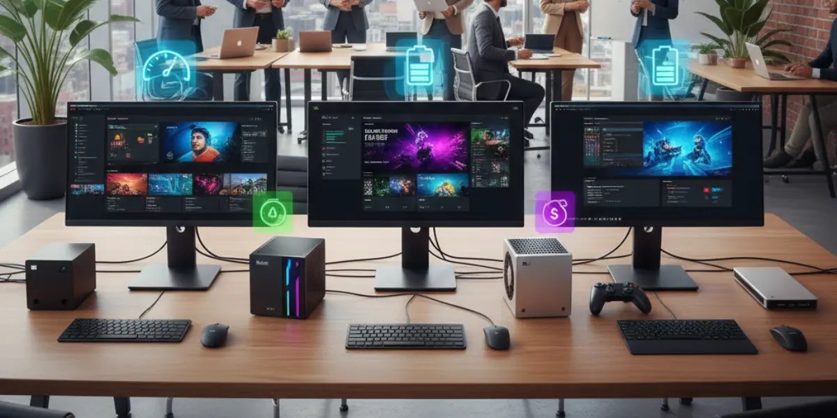 Digital Mini PC Comparison chart featuring Beelink, Apple Mac Mini M4, Minisforum, and Asus PN64 models with performance benchmarks.