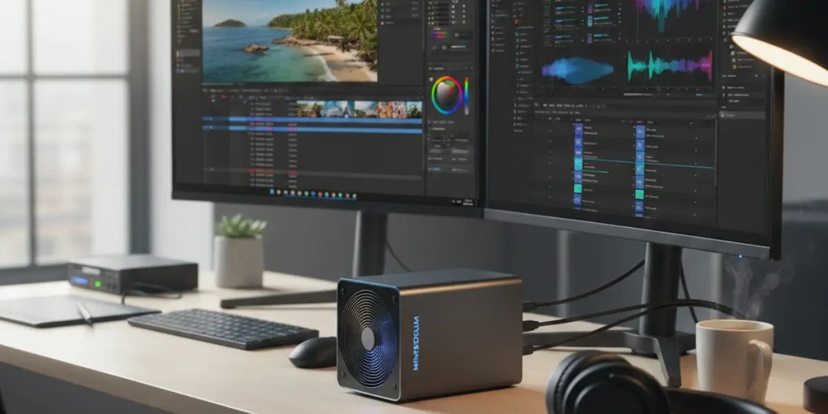 Mini PCs for Video Editing setup showing a high-performance compact workstation connected to dual 4K monitors running professional video editing software
