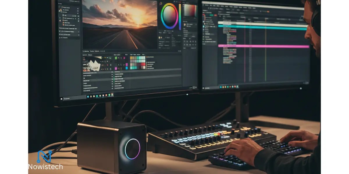 Professional editing workstation featuring a high-performance Mini PC for DaVinci Resolve with calibrated 4K monitor displaying the color grading page.