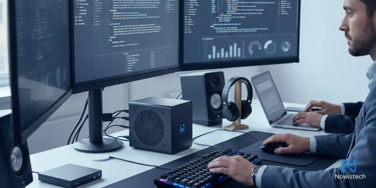 Professional workstation setup featuring premium mini pc accessories including docking station, external SSD, mechanical keyboard, dual monitors, and ergonomic peripherals.