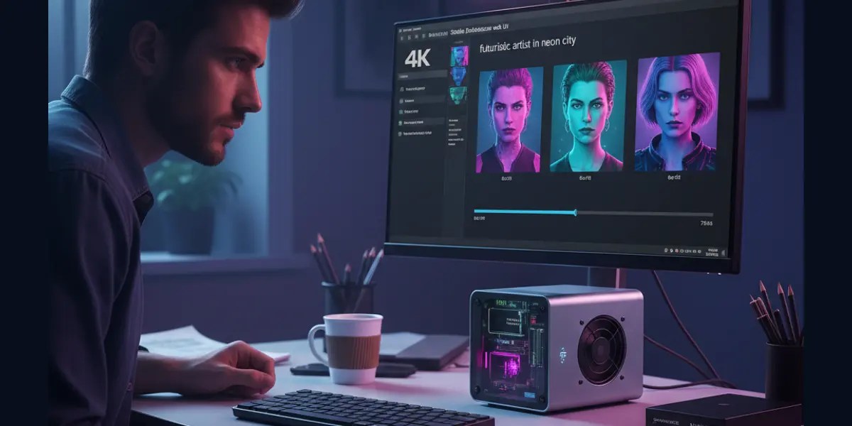 Mini PC for Stable Diffusion rendering cyberpunk AI art: compact Ryzen AI Mini PC powers fast local generation on modern creator desk.