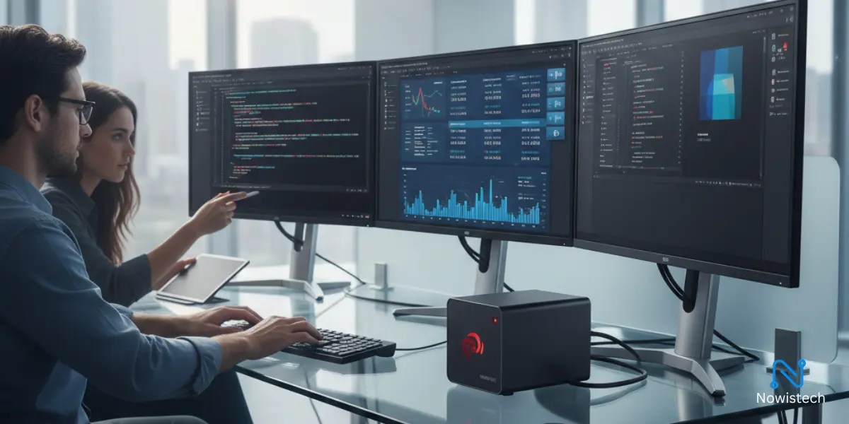 High-end mini PCs under $2500 powering a multi-monitor workstation with professionals coding in a modern office setup.