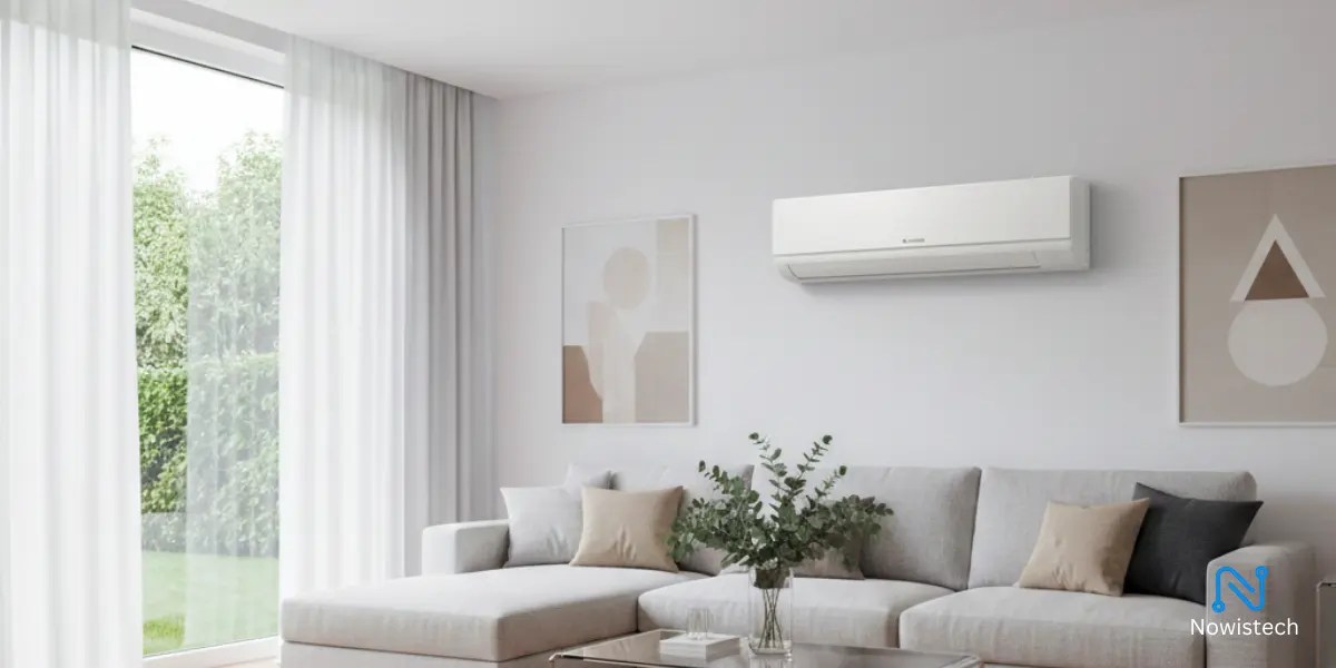 Stylish mini split heat pump installed in living room with wood flooring and large windows.