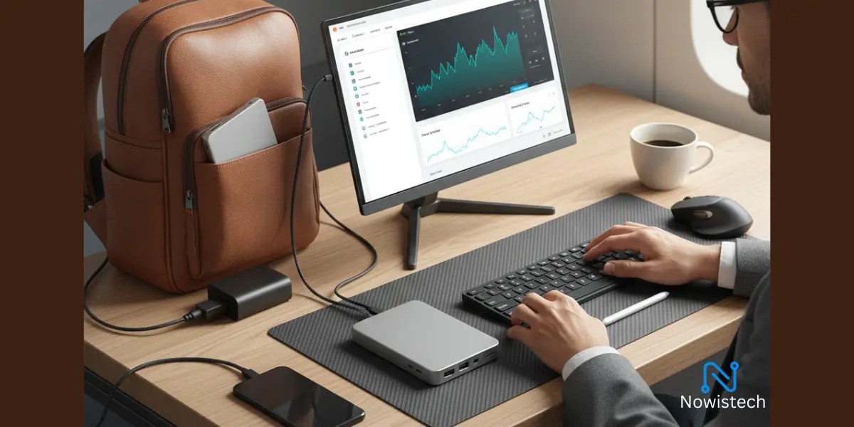 A mobile professional using one of the best Portable Mini PCs with a slim portable monitor and a leather backpack in a bright travel setting.