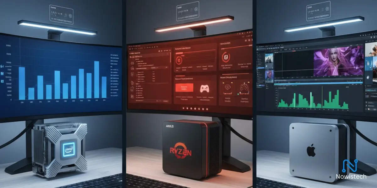 Side-by-side Intel vs AMD vs Apple mini PC processors comparison on modern desk with performance charts.
