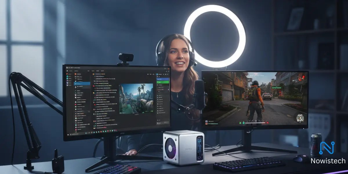 A professional streaming setup featuring one of the best Mini PCs for Streaming connected to dual curved monitors and a ring light.