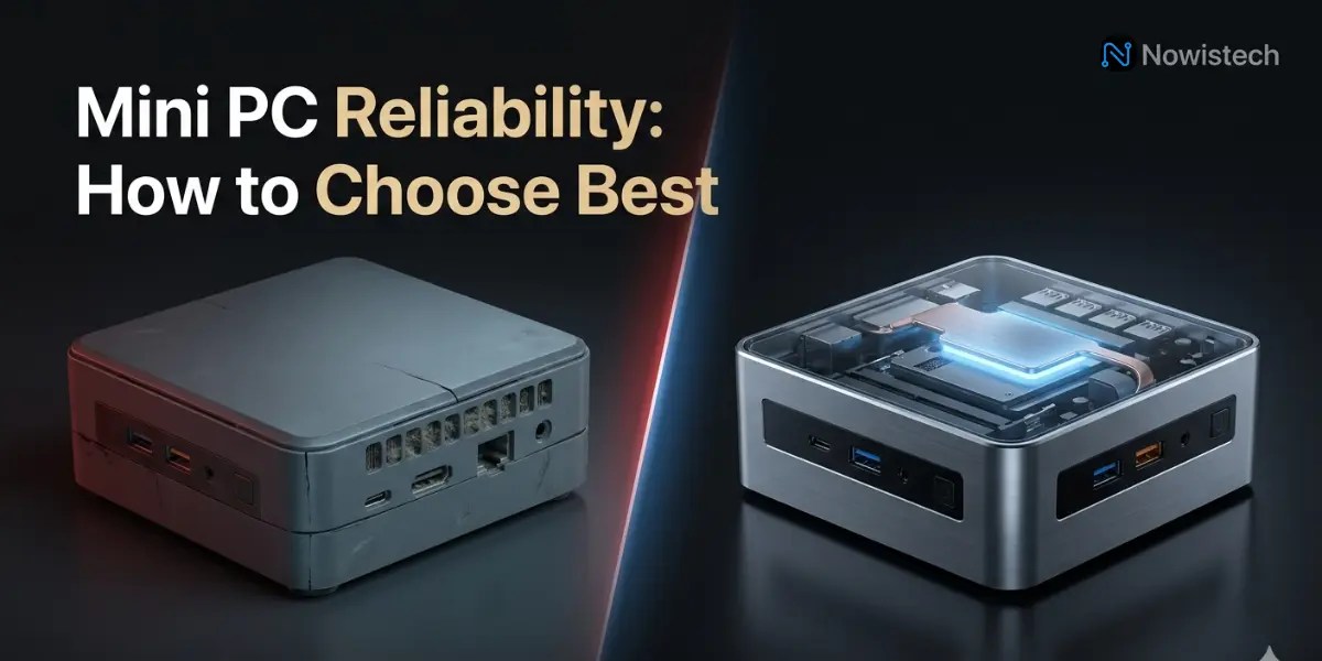 Mini PC reliability comparison showing cheap plastic mini PC with clogged vents vs premium metal mini PC with vapor chamber cooling and clean internal components