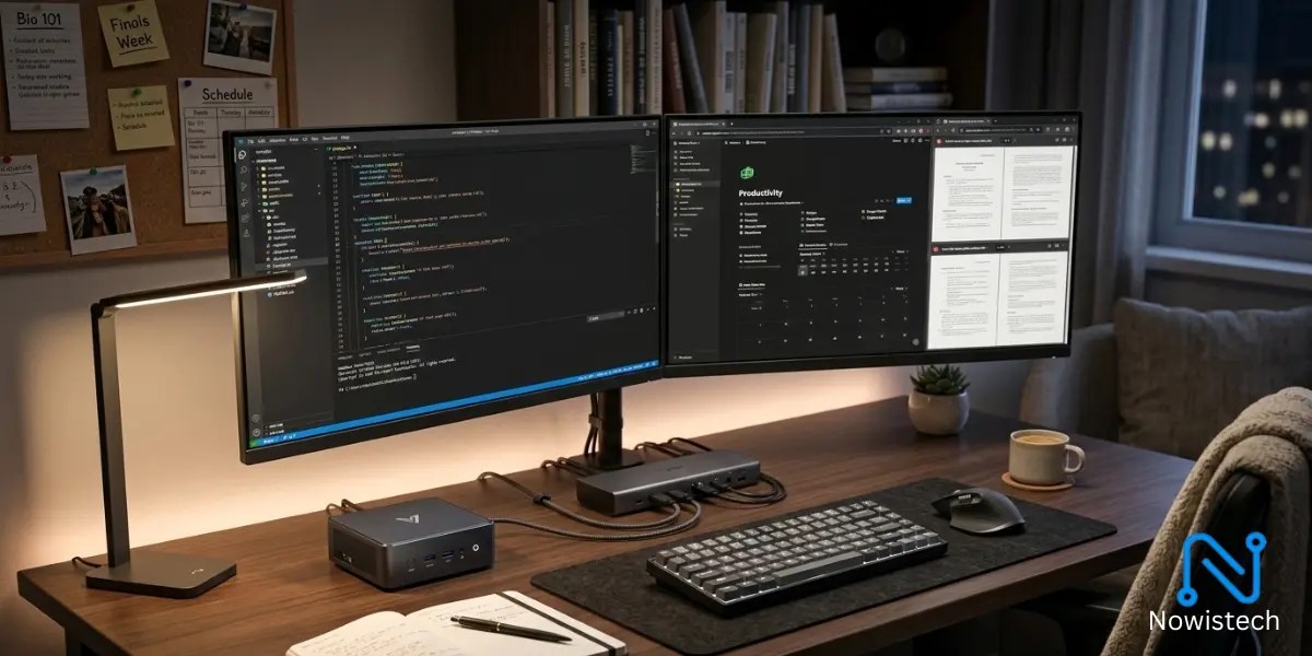 Best Mini PC with Docking Station setup on a dorm desk with a docking hub and dual monitors for a clean and productive student workspace.