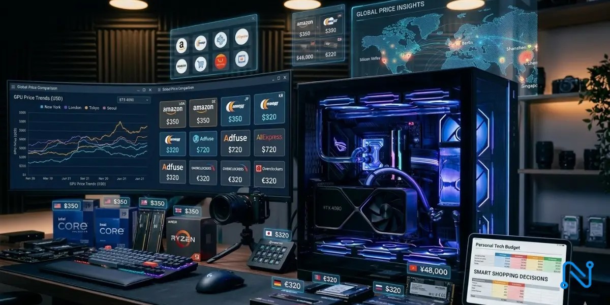 Computer components price comparison on a modern desk setup showing GPU, RAM, and motherboard with a monitor analyzing prices for better savings.
